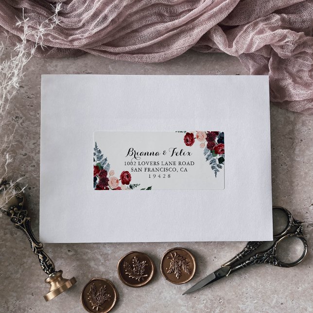 Étiquette Burgundy Pink Navy Floral Wedding Adresse RSVP (Créateur téléchargé)