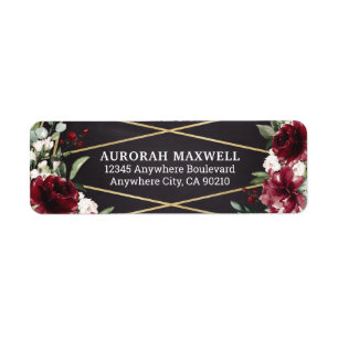 Étiquette Burgundy Red Black and Gold Floral Elegance Adress