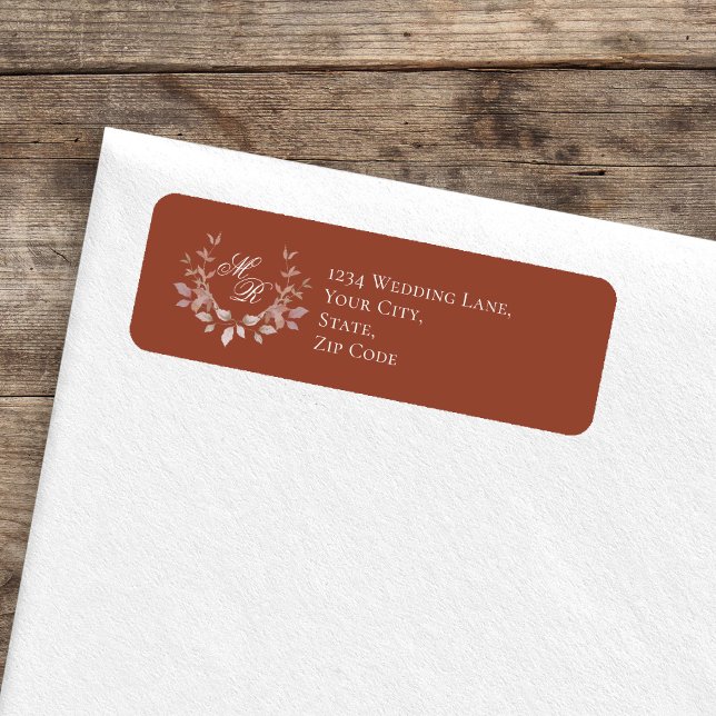 Étiquette Burgundy Wedding Monogram Script Floral  (Burgundy monogram return address label on white envelope, rustic wood background)