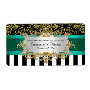 Étiquette BW Stripe, Black Gold Damask H Wine Bottle Étiquet