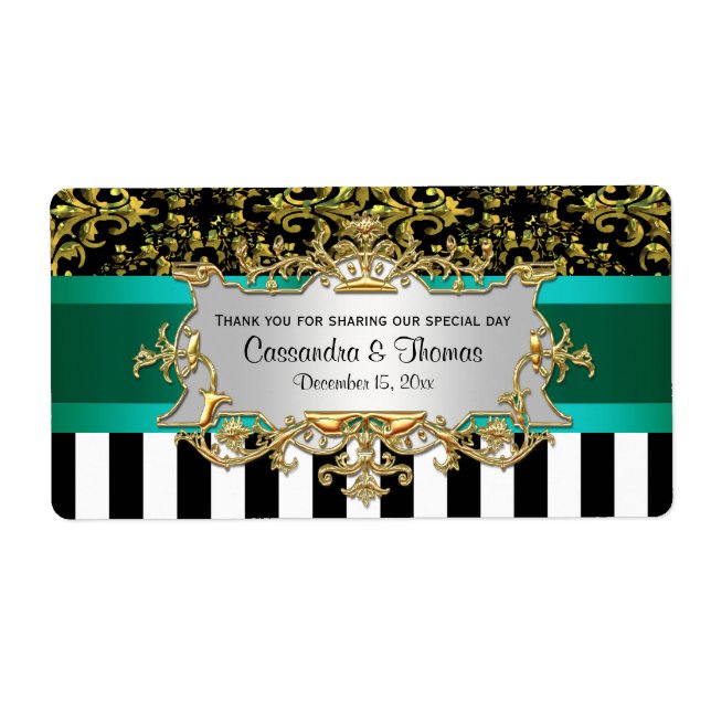 Étiquette BW Stripe, Black Gold Damask H Wine Bottle Étiquet (Devant)
