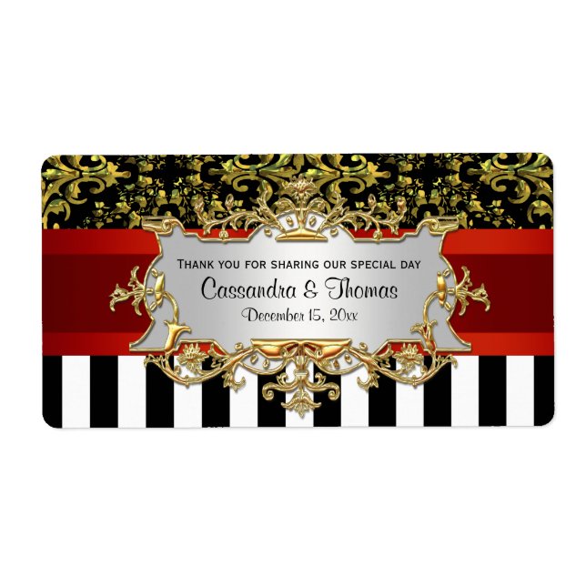 Étiquette BW Stripe, Black Gold Damask H Wine Bottle Étiquet (Devant)