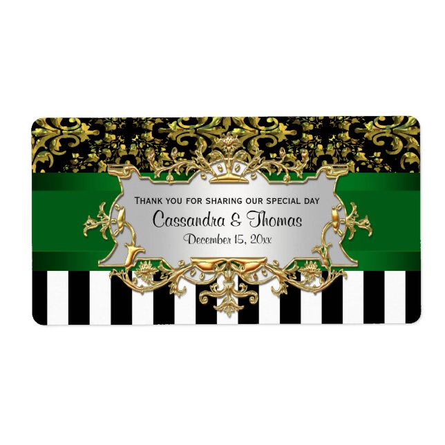 Étiquette BW Stripe, Black Gold Damask H Wine Bottle Étiquet (Devant)