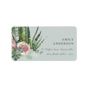 ÉTIQUETTE CACTI FLORAL ROSE GRIS ADRESSE DE COULEUR D'EAU FO