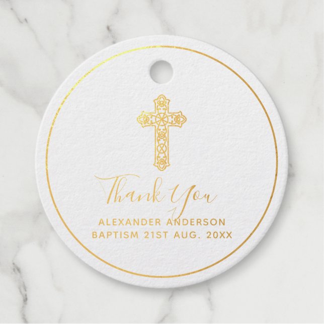 Étiquette-cadeau 12 Merci BAPTISME VRAI FOIL Croix de Christening (Devant)