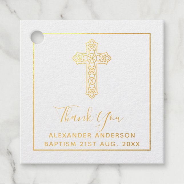 Étiquette-cadeau 12 Merci BAPTISME VRAI FOIL Croix de Christening (Devant)