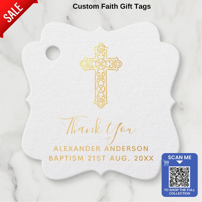 Étiquette-cadeau 12 Merci BAPTISME VRAI FOIL Croix de Christening (Créateur téléchargé)