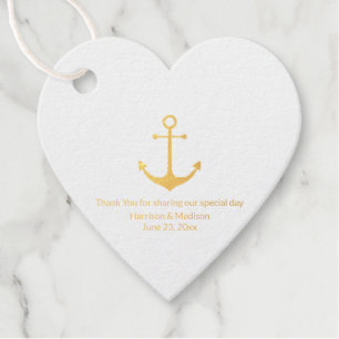 Étiquette-cadeau ancre nautique mariage coeur or argent