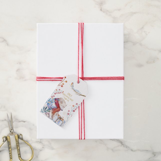 Étiquette Cadeau Aquarelle Noël Ourson Personnalis (Avec de la ficelle)