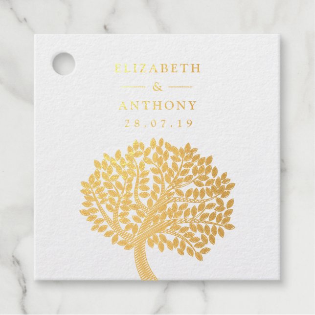 Étiquette-cadeau Arbre aquarelle dorée Mariage (Devant)
