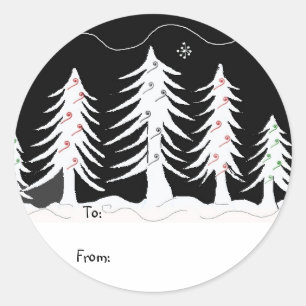 Étiquette cadeau arbres de Noël en noir et blanc