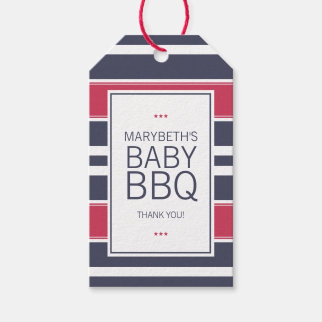 Étiquette cadeau Baby shower BBQ rouge, blanc et b (Devant)