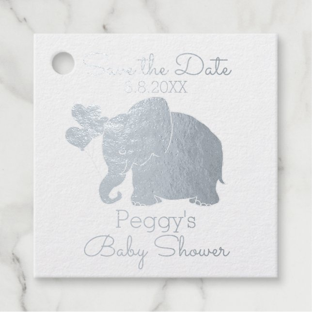 Étiquette-cadeau Baby shower Eléphant en argent mignon Enregistrer  (Devant)