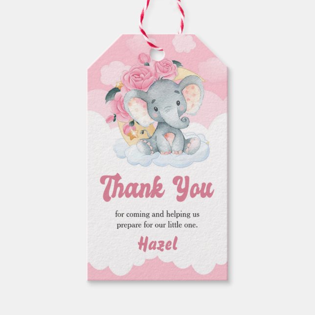 Étiquette cadeau Baby shower Fille Eléphant Rose F (Devant)