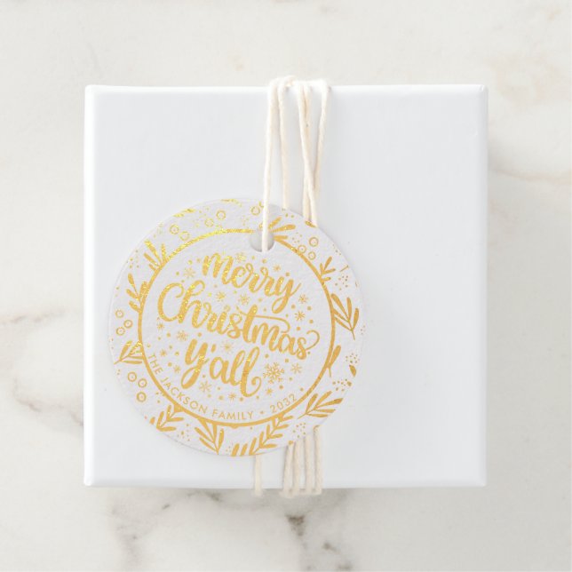 Étiquette-cadeau Balise cadeau de Noël Joyeux Y'all Foliage Foil (Avec boite)
