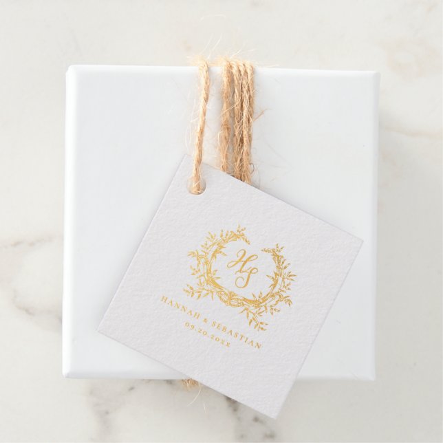 Étiquette-cadeau Blason de mariage à monogramme or romantique (Avec boite)