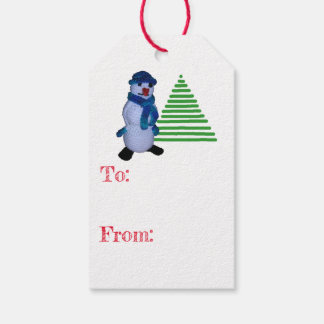 Étiquette cadeau - Bonhomme de neige et arbre