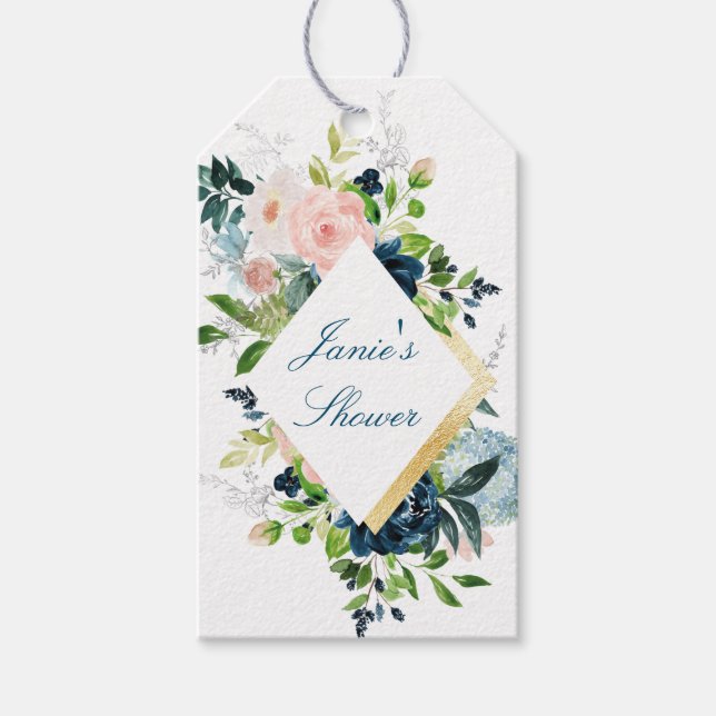 Étiquette cadeau Bouquet aquarelle avec bleu et or (Devant)
