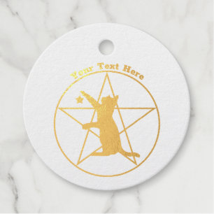 Étiquette-cadeau Chat Gold Reaching sur Pentagram dans Cercle Star