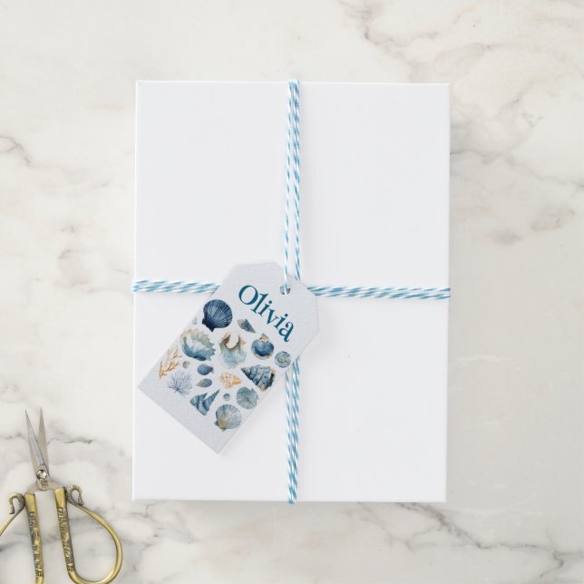 Étiquette Cadeau Coquilles de Mer Bleues | Nom per (Avec de laficelle)