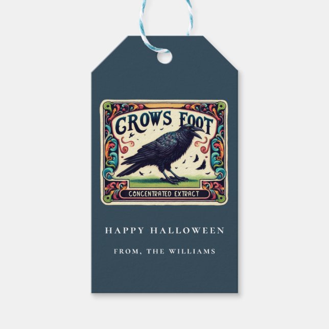 Étiquette Cadeau Corbeau Noir Halloween Potion Ble (Devant)