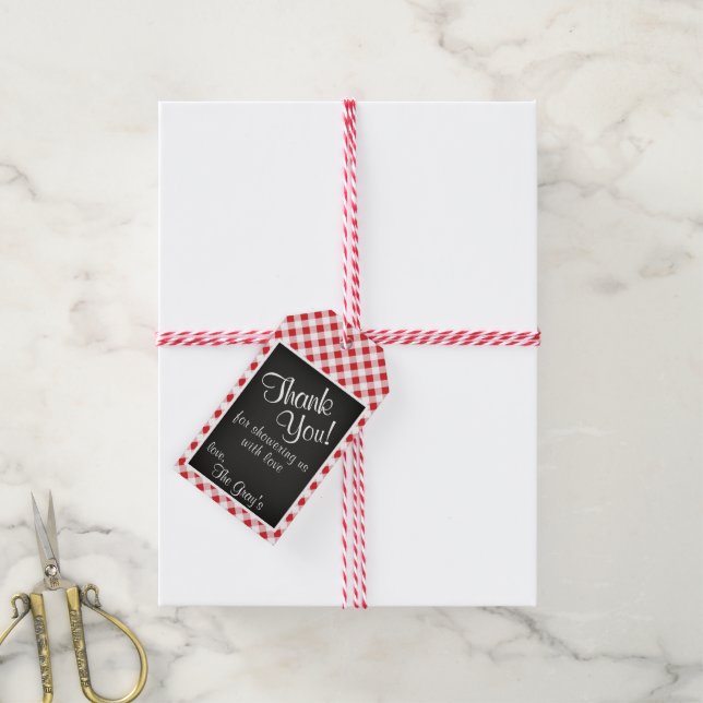 Étiquette cadeau de Baby shower En vichy rouge (Avec de la ficelle)