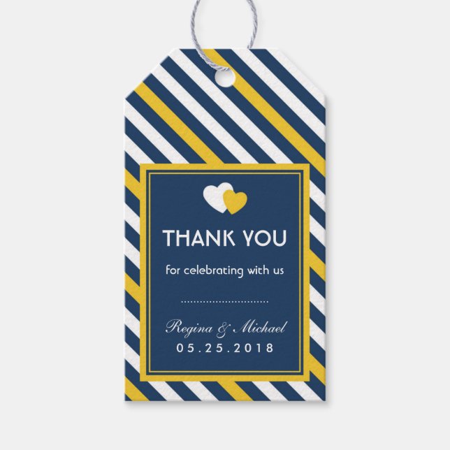 Étiquette cadeau de mariage à rayures de cœur bleu (Devant)