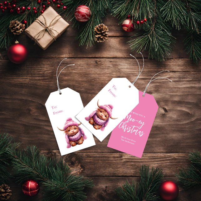 Étiquette cadeau de Noël de vache de neige rose Hi (Créateur téléchargé)