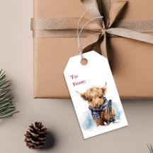 Étiquette cadeau de Noël Highland Cow Snowboard