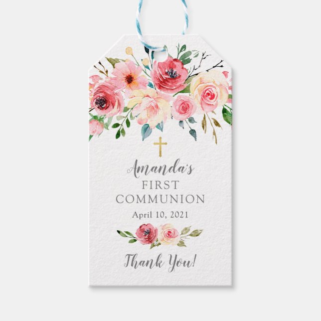 Étiquette cadeau de Rose Floral First Communion Fa (Devant)