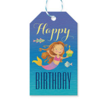 Étiquette cadeau de sirène avec gâteau d'anniversa
