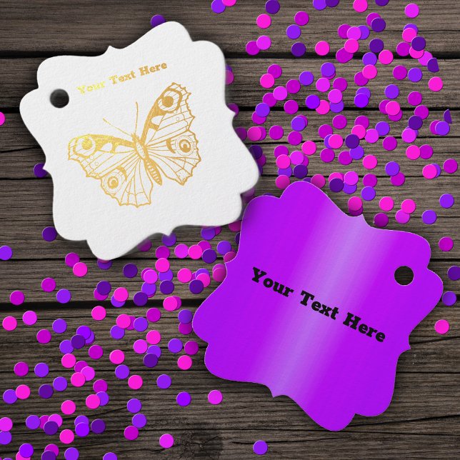 Étiquette-cadeau Dessin d'or de Dainty Joli papillon Monarque (Monarch butterfly drawing in gold foil with purple on hanging gift tag or favor tag.)