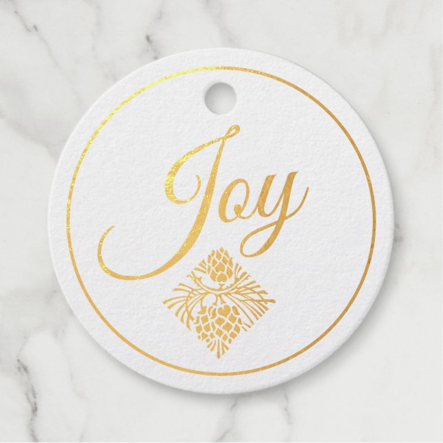 Étiquette-cadeau Elégant Foil "Joy with Pinecone" Noël | Blanc (Devant)