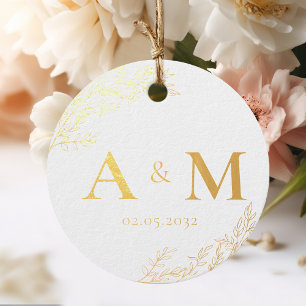 Étiquette-cadeau Élégant, Monogramme, Art Line Botanique, Mariage