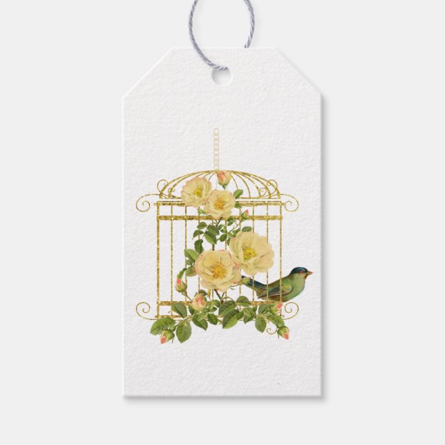 Étiquette cadeau élégante cage à oiseaux avec rose (Devant)