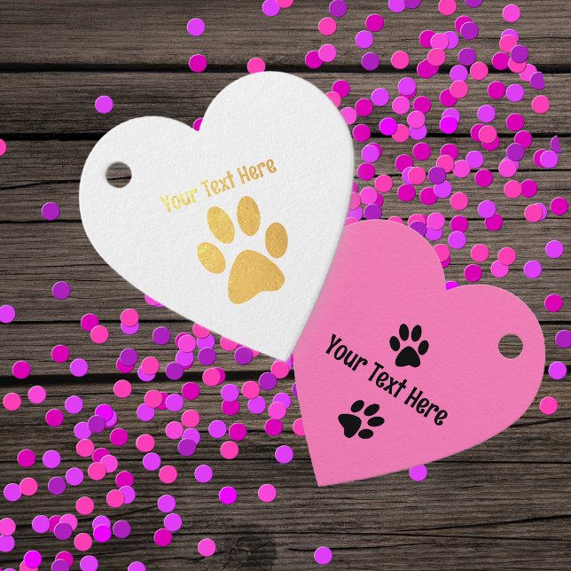 Étiquette-cadeau Empreinte de patte de chat silhouette dorée Cœur r (Heart shaped hanging gift tag for birthdays or Valentines Day in white and pink with cat paw prints.)