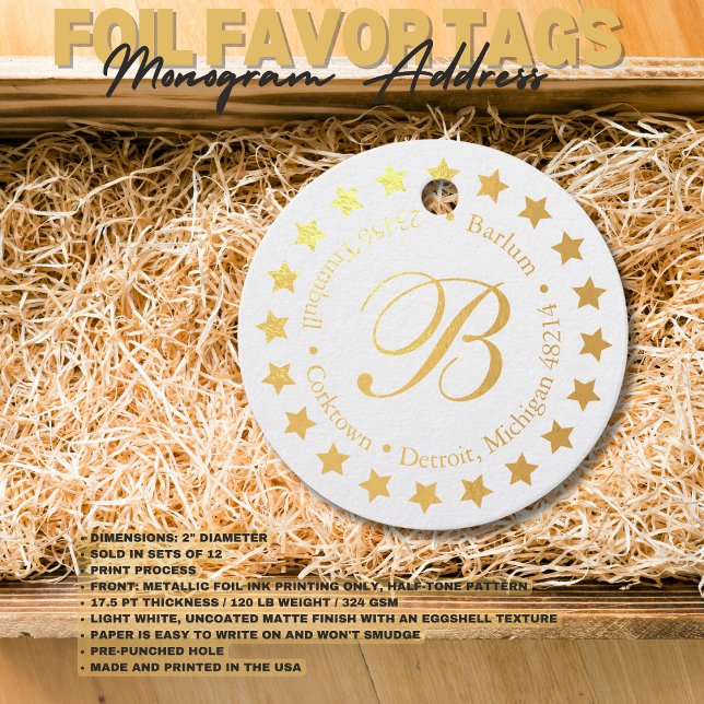 Étiquette-cadeau Étoiles d'adresse monogramme élégantes (Birthday Depot
Stylish Monogram Address Stars Foil Favor Tags)