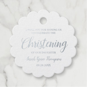 Étiquette-cadeau Fleur argenté Christening Bébé fille Merci