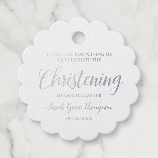 Étiquette-cadeau Fleur argenté Christening Bébé fille Merci (Devant)
