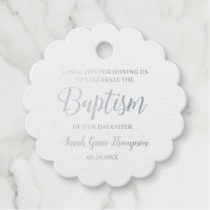 Étiquette-cadeau Fleur d'argent métallique Baptême bébé fille Merci