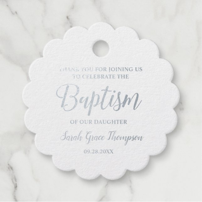 Étiquette-cadeau Fleur d'argent métallique Baptême bébé fille Merci (Devant)