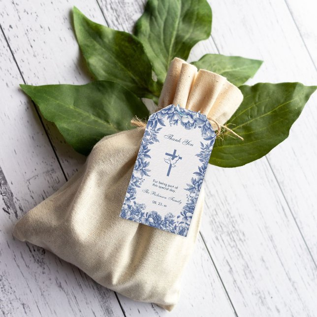 Étiquette cadeau fleur toile bleue baptême (Créateur téléchargé)