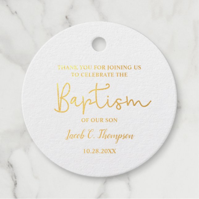Étiquette-cadeau Gold Custom Modern Script Nom bébé garçon baptême (Devant)