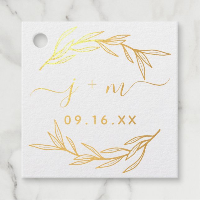Étiquette-cadeau Initiales de script de feuilles de laurier Mariage (Devant)