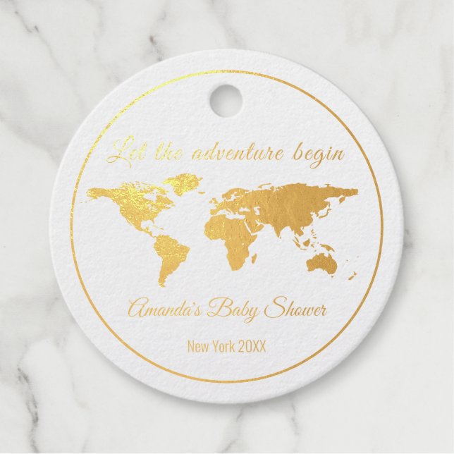 Étiquette-cadeau Laisser Aventure Commencer Gold World Map Baby sho (Devant)