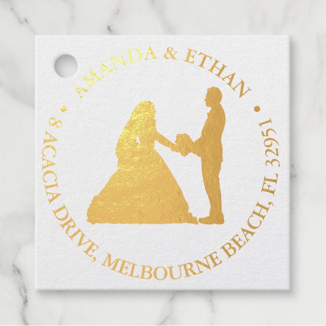 Étiquette-cadeau Mariage à genoux couple Thème or (Devant)