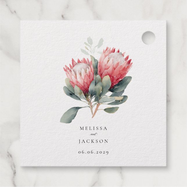 Étiquette-cadeau Mariage Fleurs Aquarelle Rouge Protea (Dos)
