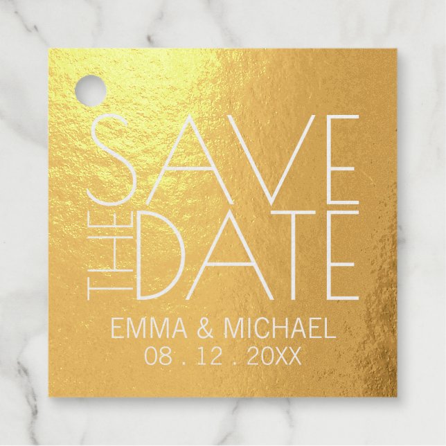 Étiquette-cadeau Mariage Gold Foil moderne Enregistrer la date (Devant)