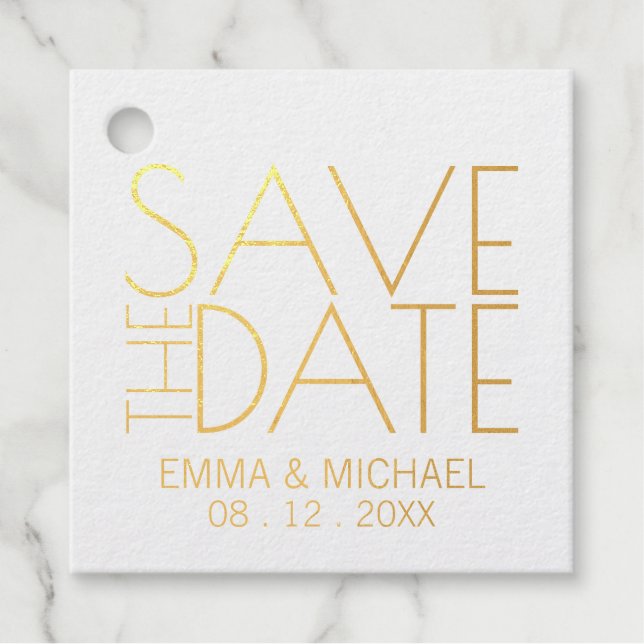 Étiquette-cadeau Mariage Gold Foil moderne Enregistrer la date (Devant)