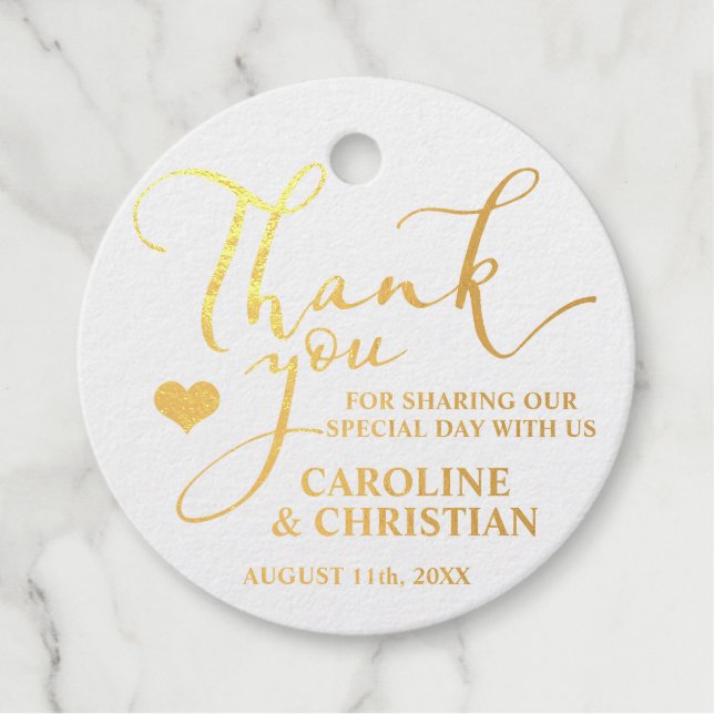 Étiquette-cadeau MERCI Blanc VRAI or Foil Mariage de coeur (Devant)